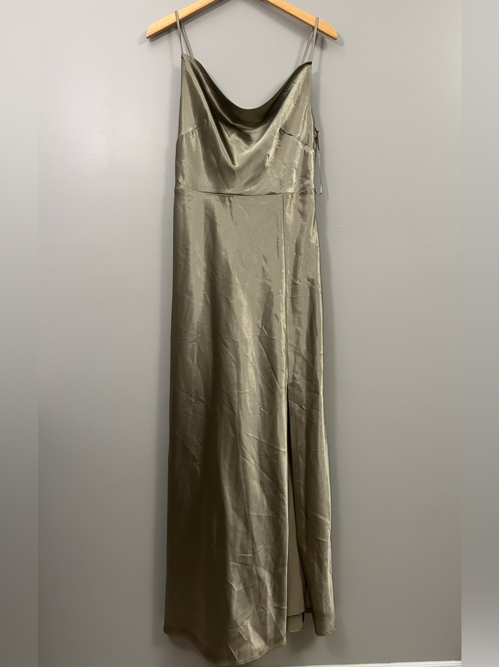 Birdy Grey Olive Shiny Satin Moss Green Slip Maxi Dress with Spaghetti Straps M